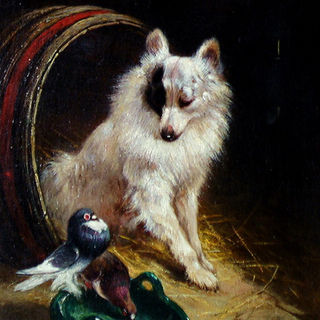 A dog's dinner - Gemälde eines gescheckten Spitz mit Tauben,  Künstler: Henriëtte Ronner-Knip (1821-1909)
Herkunft: Niederlande
Stil: Öl auf Holz