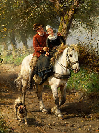 Gemeinschaftsarbeit von Ludwig-Benno Fay, - und Karl Emil Mücke das Paar zu Pferd zeigt mit kleinen sable Spitz