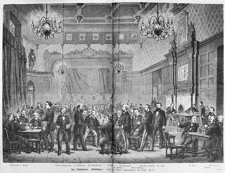 Szene einer Veranstaltung des Künstlervereins „Malkasten“, Abbildung in der Gartenlaube, 1869
