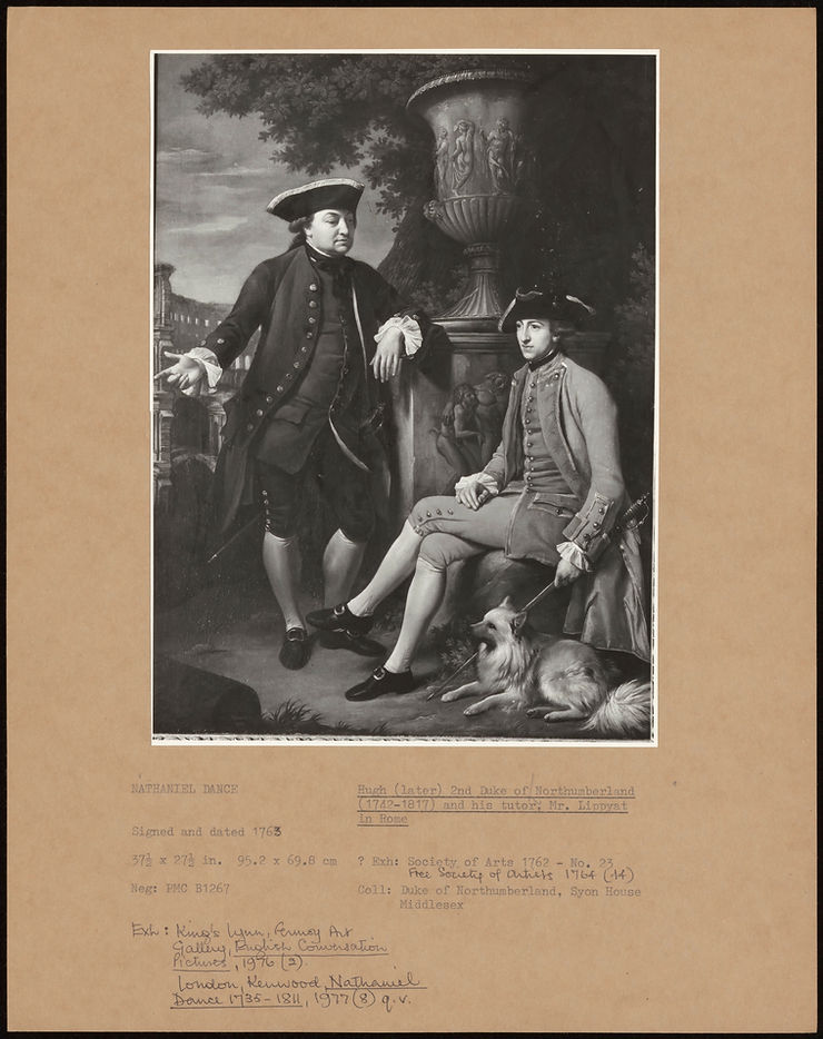 Ölgemälde von Nathaniel Dance: Duke of Northumberland, Syon House Middlesex 1762, zu Füßen liegt ein weißer Spitz