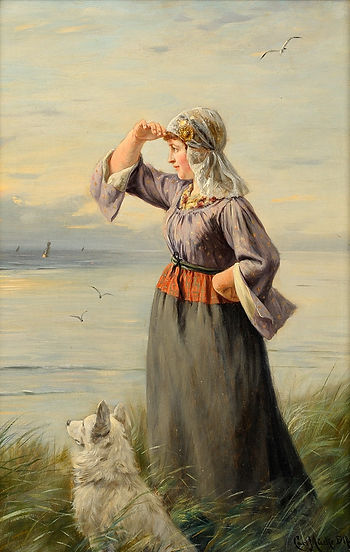 Warten auf den Liebsten, Öl auf Holz, Karl Emil Mücke, Mädchen und Spitz