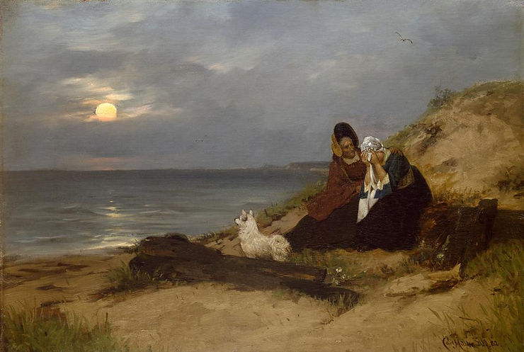 In Erwartung, Ölbild, trauriges Mädchen, Dame und Spitz