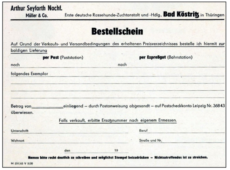 Bestellschein für Rassehund per Post oder Expressgut Anstalt Bad Köstritz in Thüringen