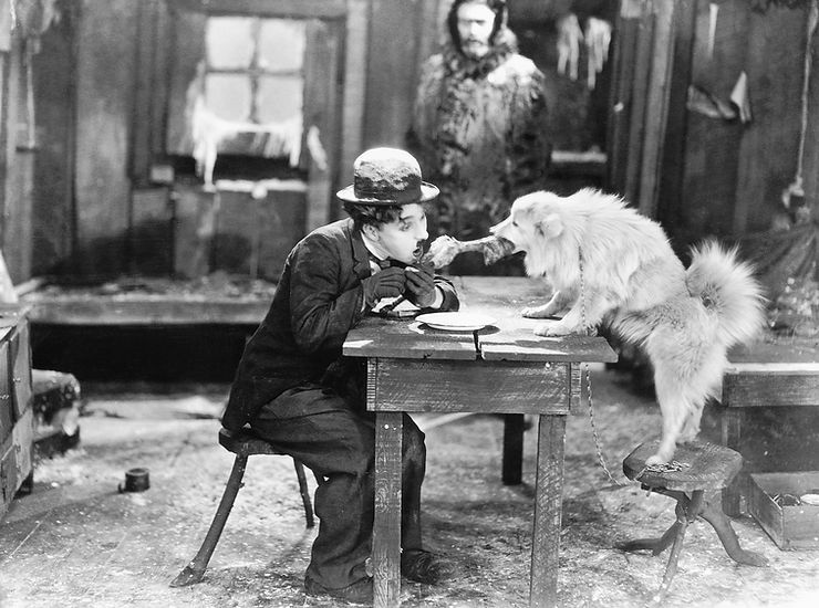 Szene aus The Gold Rush 1925 Charlie Chaplin kämpft mit Hund- Copyrights: Roy Export SAS