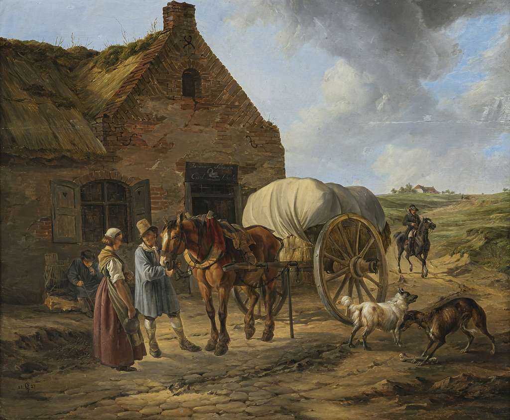 Pferdefuhrwerk mit großen Spitz und Windhund