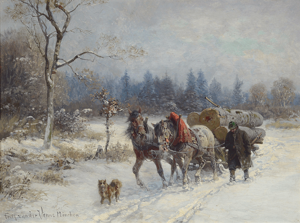 Fritz van the Venne, 1973-1936 Munich, farmer with wooden cart in wintry landscape, on the back on old label titled: Holztransport in Winter, oil/wood, signed lower left and inscribed Munich, approx. 35x45cm, frame approx. 50x60cm . German Description: Fritz van der Venne, 1973-1936 München, Bauer mit Holzfuhrwerk in winterlicher Landschaft, rückseitig auf altem Etikett betitelt: Holztransport im Winter, Öl/Holz, links unten signiert und bez. München, ca. 35x45cm, R. ca. 50x60cm