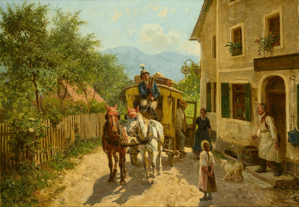 Ankunft der gelben Postkutsche vor einem Gasthof, vor welchem der Wirt unter dem Ton der Trompete den ankommenden Gast begrüßt
Maler in München. Ritter von der Venne, weißer Spitz