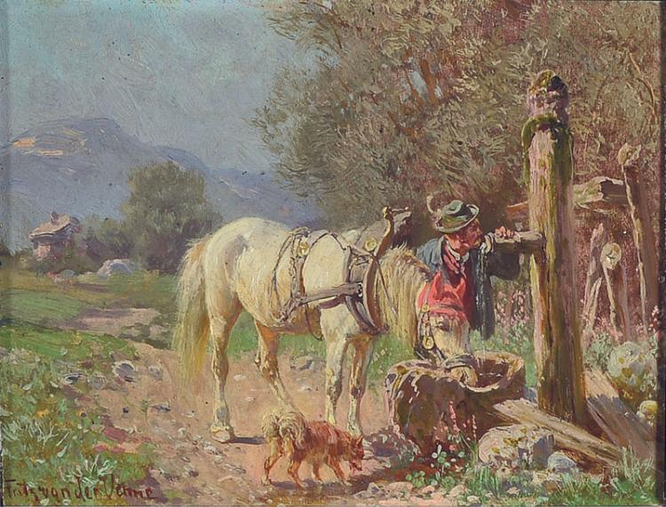 Fritz van der Venne, 1873-1936, Munich artist who chose particular motives with horses, here: hunters with horse and dog in the potions, oil / wood, signed, approx 15x20cm, frame . German Description: Fritz van der Venne, 1873-1936, Münchener Künstler, der insbesondere Motive mit Pferden wählte, hier: Mann mit Pferd und Hund bei der Tränke, Öl/Holz, signiert, ca. 15x20cm, Rahmen