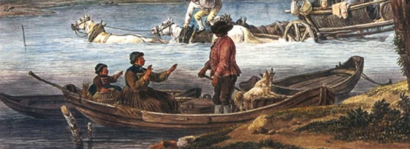 Ausschnitt: Die verfehlte Fur (Wilhelm von Kobell), ca. 1794–1796 - weißer Spitz auf Kahn