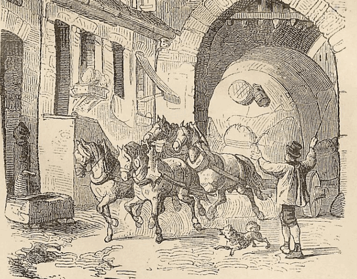 Fuhrmann mit Pferde und Spitz