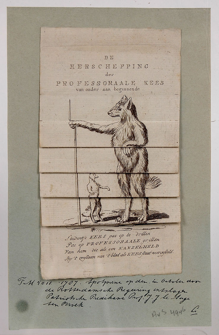 Karikatur patriotischer Professoren, 1787 Druck mit Faltstreifen, die, wenn sie umgeklappt werden, den Professor als bewaffneten Freikorpsmann in einen bewaffneten Keeshond verwandeln. Foto: P. Sluisman, Edam.