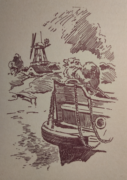 Der Spitz Teddy am Bug des Schiffes, Federzeichnung