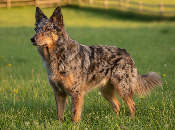 Foto Altdeutscher Tiger Hütehund steht auf einer grünen Wiese