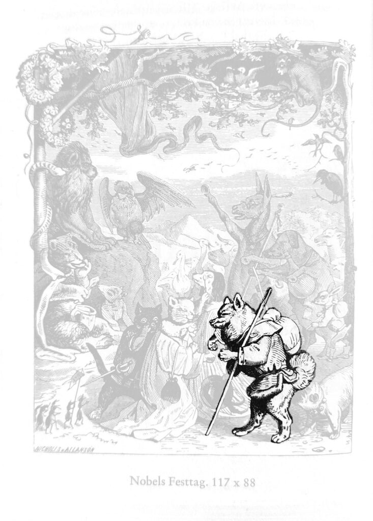 Fabel, Spitz in Kleidung eines Wanderers mit Stock gibt Wegezoll, Nobel Festtag